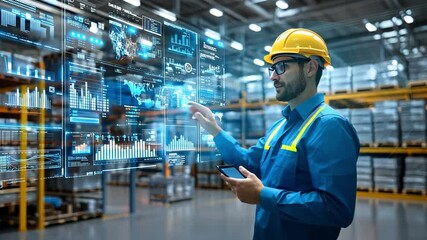 Smart Factory Worker: A focused industrial worker in a hard hat uses augmented reality technology to manage inventory and production in a modern, technologically advanced warehouse. - Powered by Adobe