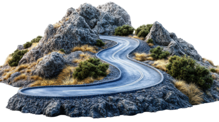 Winding mountain road with sharp curves, rocky terrain, and dry grass vegetation