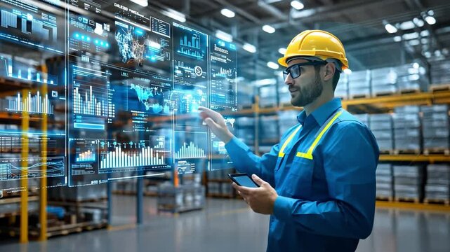 Smart Factory Worker: A focused industrial worker in a hard hat uses augmented reality technology to manage inventory and production in a modern, technologically advanced warehouse.