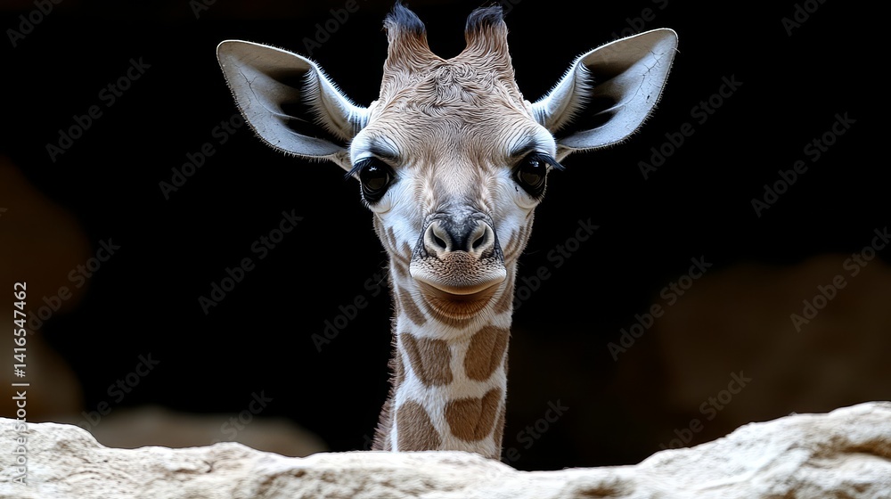 Poster captivating close up portrait of a young giraffe showcasing its unique skin pattern and charming exp