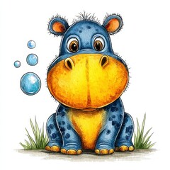 Cute Blue Hippo Blowing Bubbles Cartoon Illustration