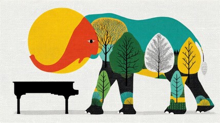 Colorful Elephant Illustration with Trees and Piano