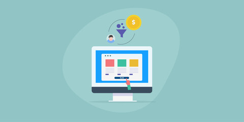 Website lead conversion. Hand clicks on button. Digital marketing and online business strategy increase CTR rate. Generate revenue from paying customer.