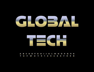 Vector Metallic logo Global Tech. Steel Futuristic style Font. Silver Glossy Alphabet Letters and Numbers set.  Font