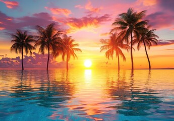 Vibrant Sunset Over Calm Ocean with Silhouetted Palm Trees Reflecting on Smooth Water Surface Illuminated by Warm Golden Light