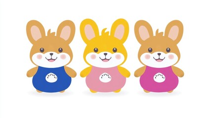 Naklejka premium Pixelated trio of adorable rabbits with colorful outfits perfect for children's illustrations and playful designs delightful animal characters