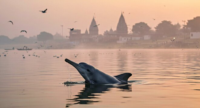 South Asian River Dolphin Surfaces in Calm Ganges River Water at Dawn, Early Morning Wildlife.