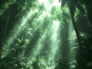 Obraz premium Sunlight Streaming Through Tropical Rainforest Canopy Creates Ethereal Green Scene