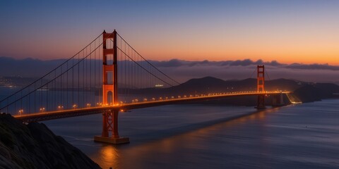 Fototapeta premium Stunning Golden Gate Bridge at Sunset with Illuminated Lights and Vibrant Sky Overlooking San Francisco Bay and Rolling Hills in the Background