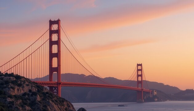 Stunning Golden Gate Bridge at Sunset with Vibrant Sky and Calm Waters Capturing Iconic San Francisco Landmark in Serene Evening Light - Powered by Adobe