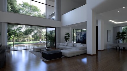Fototapeta premium Open-plan modern living area with large windows offering tropical garden views