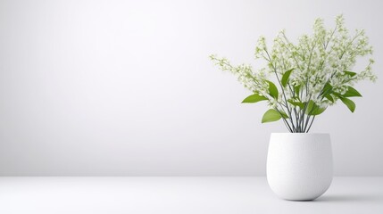 Naklejka premium Minimalist, bright, white room scene with a small bouquet of white flowers in a simple white pot