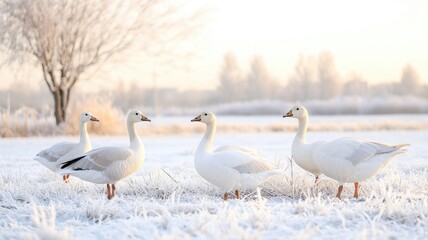 Obraz premium Four white geese standing on frosty grass in a serene winter landscape during sunrise.