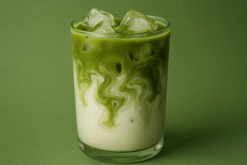Refreshing iced matcha latte with swirling green tea and milk