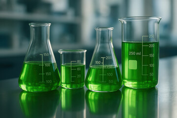 Glass laboratory beakers with green chemical solution in scientific research facility