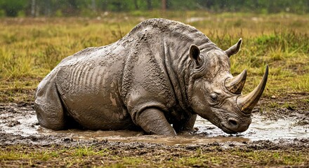 Fototapeta premium Prehistoric Woolly Rhinoceros Wallowing Happily in Mud Puddle, Thick Fur Matted with Wet Mud.