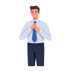 Young man adjusting blue tie in white shirt with dark pants minimal flat design vector illustration