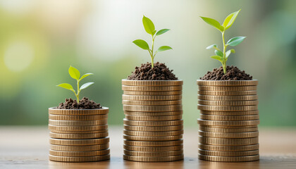 Growing stacks of coins with small plants on top, representing financial growth, smart investment, profit maximization, and sustainable business development in a thriving economy.