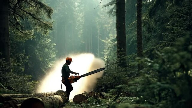 A worker uses a chainsaw to cut down a fallen tree in a dense forest with trees all around, scattering sawdust in the process.