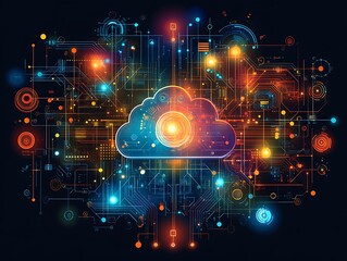 Obraz premium Cloud Computing Network: A vibrant and abstract representation of cloud computing, featuring a glowing cloud symbol connected to a network of intricate circuits and data points.