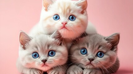 Obraz premium Three kittens are laying on top of each other on a pink background