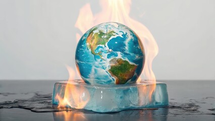 A globe sits on melting ice, engulfed in flames, symbolizing climate change and environmental crisis.