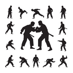 Vector set 20 silhouettes judoist judoka fighter in duel fight judo sport Martial  white Background.
