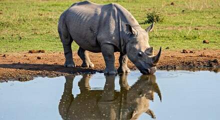 Fototapeta premium Large Indian Rhinoceros Drinking Deeply at Waterhole in Natural Grassland Habitat Setting.