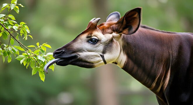 Okapi Side Profile Extending Long Bluish Prehensile Tongue to Grasp Green Leaves from Branch.
