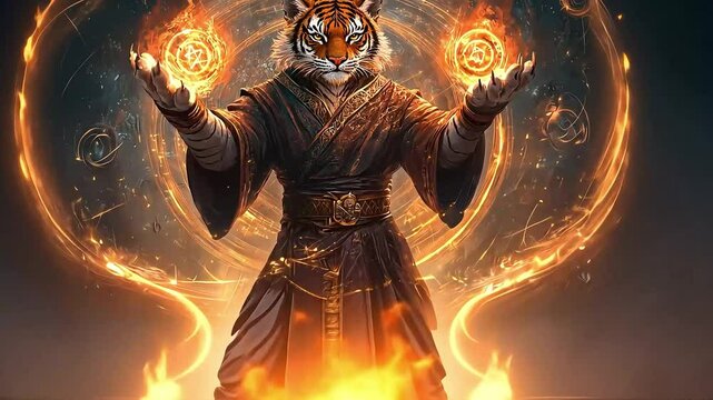 Mystical tiger sorcerer conjuring fire orbs in a vibrant, magical setting with swirling energies