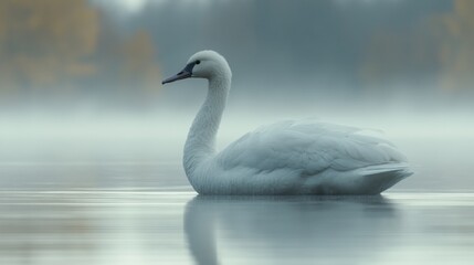 Graceful white swan swimming serenely on a misty lake creating a tranquil and ethereal atmosphere for nature and wildlife photography enthusiasts