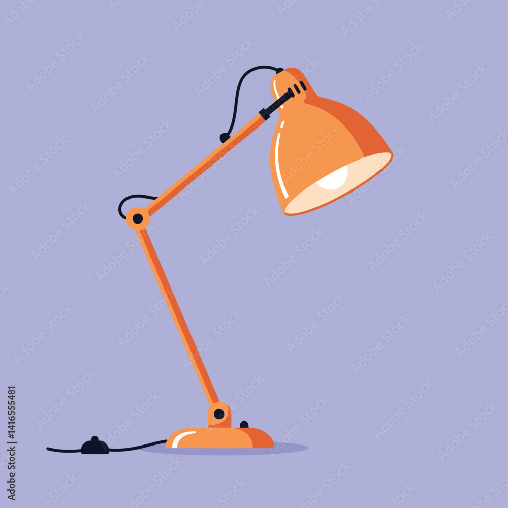 Poster orange adjustable desk lamp with articulated arms and cord on purple background minimal flat vector 