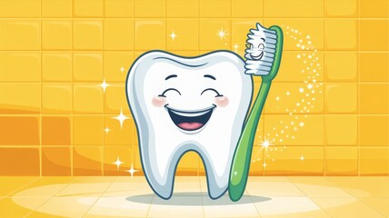 Bright cartoon of smiling tooth and happy toothbrush celebrating