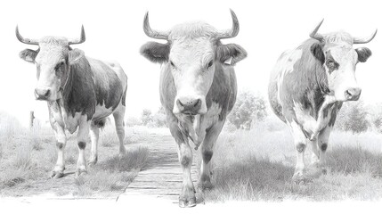 Three majestic Charolais cattle walk confidently towards the viewer on a rustic wooden path in a serene pasture.