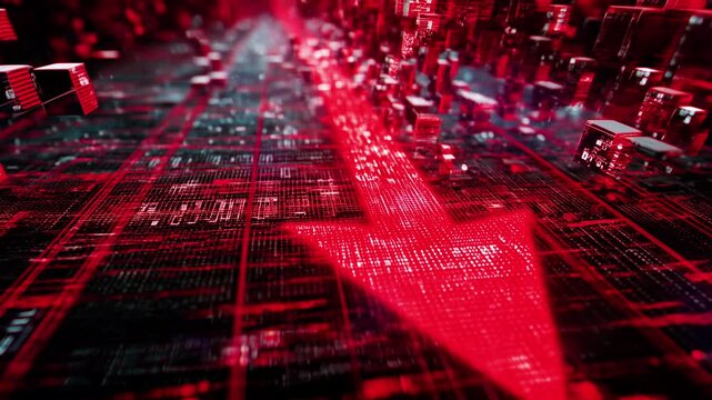 Stock market crash concept in red color with arrow going down, 4k animation. Numbers running showing trading and business downfall