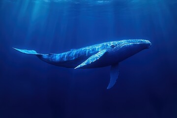 Obraz premium A vibrant blue whale swimming through the deep blue ocean, its massive body visible