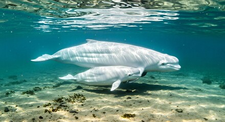 Fototapeta premium Beluga Whale Mother and Calf Swimming Together Closely in Shallow Arctic Bay Cold Waters Blue.