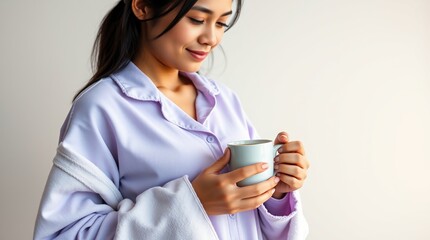 woman wearing pajamas with cup of coffee