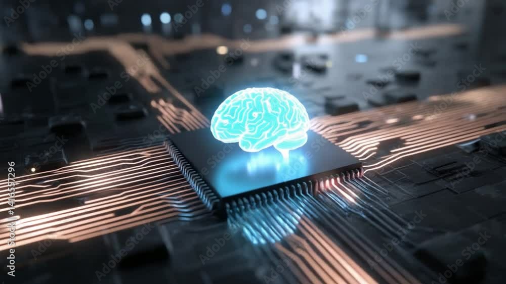 Poster 3d ai chip with digital brain patterns, futuristic processor emitting glowing waves of data