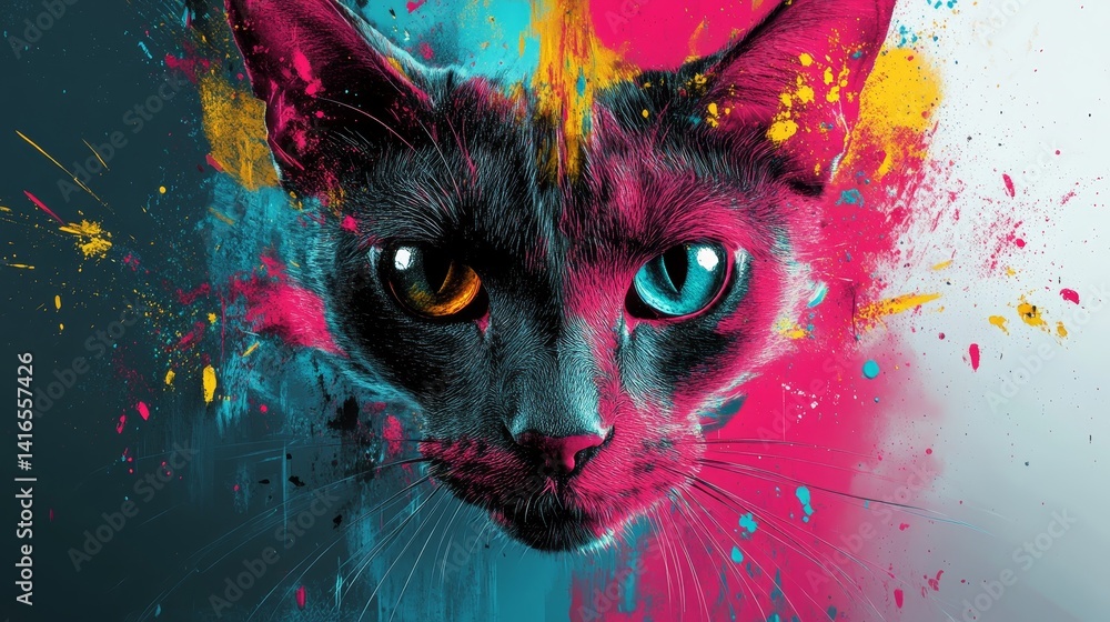 Poster vibrant feline portrait in a fusion of colorful powder bursts and scattered pigments creating an abs