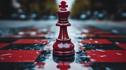 Red king chess piece standing on a wet red and black chessboard outdoors with blurred background