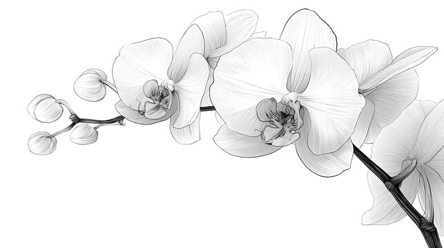 A delicate sketch of a graceful orchid branch with blossoms and buds, isolated on a pure white background.