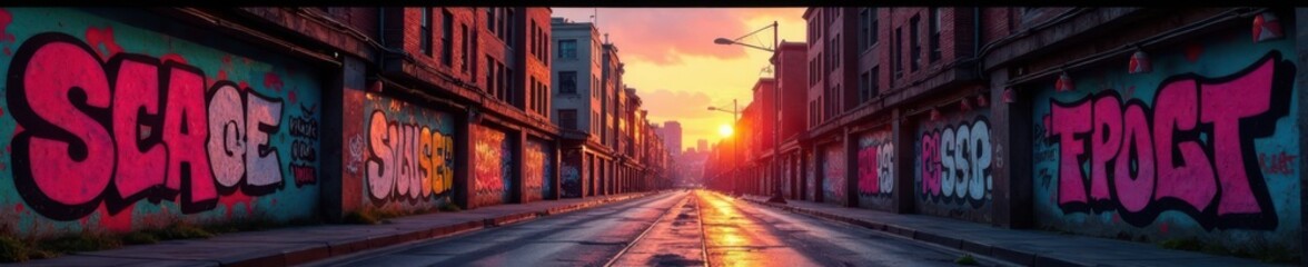 Obraz premium Distressed cityscape with bold graffiti at dusk, ink, city lights, street art