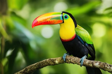 Obraz premium A vibrant toucan perched on a branch, its large, colorful beak contrasting with the greenery
