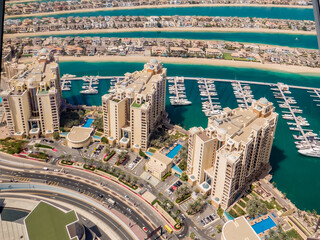 Dubai Marina, Dubai, United Arab Emirates. Aerial view of The Palm Islands