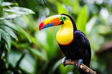 Fototapeta premium A vibrant toucan perched on a branch, its large, colorful beak contrasting with the greenery
