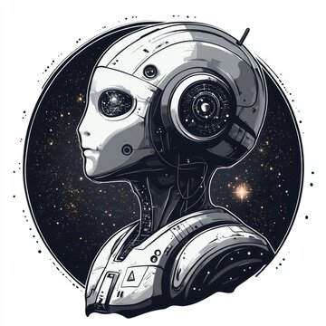 Cyborg Alien Profile Against a Cosmic Background Illustration