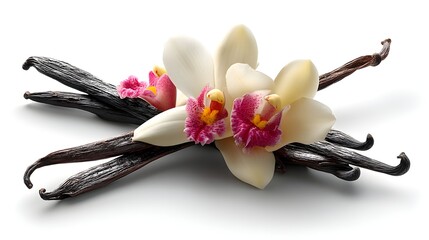 Aromatic vanilla beans and delicate orchid blossoms rest together on a pristine white background showcasing their exquisite beauty and fragrance.