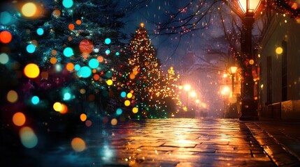 Naklejka premium a captivating display of christmas spirit a radiant scene of vibrant christmas trees illuminating a cobblestone street on a rainy night filled with festivity