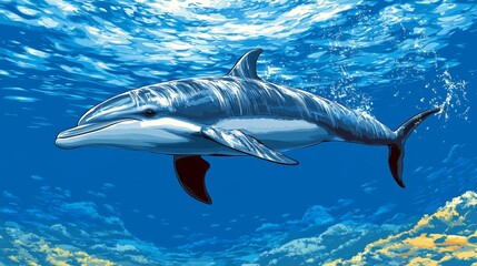 Fototapeta premium Dolphin under the sea aquatic marine life graceful underwater swimming creature playful animal ocean blue water depths nature view wildlife fauna